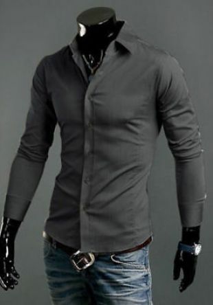 New Luxury Shirts Mens Casual Formal Slim Fit Shirt Top Dark Grey S M L XXL  | eBay