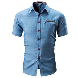 2019 Men's Button-Down Short Sleeve Blouse, Slim Fit Casual Solid Color Shirts (Blue, XXXL)