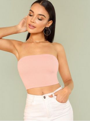 Casual Cami Plain Slim Fit Strapless Pink Crop Length Tie Back Bandeau Top