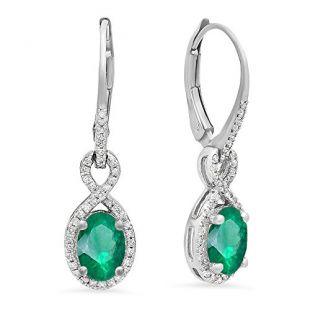 Dazzlingrock Collection 10K Oval Emerald & Round White Diamond Ladies Infinity Dangling Earrings, White Gold