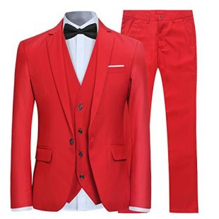 YFFUSHI Mens 3 Piece Suit Slim Fit One Button Solid Color Formal Dress Red