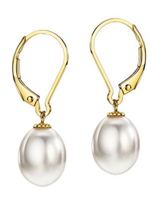 18K Gold Freshwater Cultured Pearl Drop Dangle Earrings Leverback 8-9mm Pearl Jewelry for Women