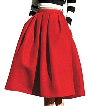 Aswinfon Femme Jupe Patineuse Taille Haute Vintage Mi Longue Chic Rétro Midi Jupe Plissée (XS, Rouge)