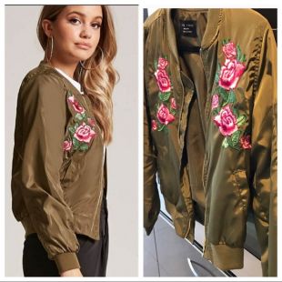 Green Floral Embroidered Bomber Jacket