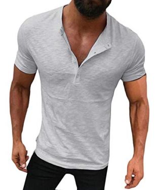 Men Shirts V Neck Button Up Tops Short Sleeve Tees Summer Blouses Grey XS