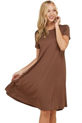 Annabelle Women's Comfy Short Sleeve Scoop Neck Swing Dresses with Pockets