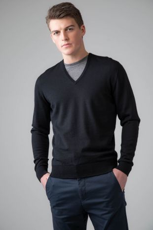 Classic Black V Neck Merino Jumper