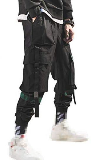 MOKEWEN Men's Cross Straps Ankle Band Jogger Techwear Pants with Pocket Black W32-33