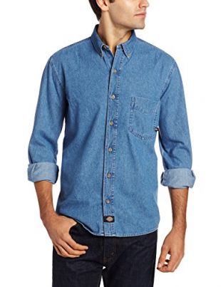 Dickies Men's Long Sleeve Denim Work Shirt, Stone Washed, Small