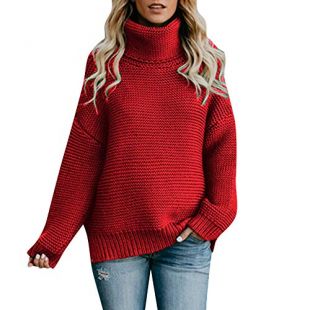 HighlifeS Womens Casual Sweaters Turtleneck Long Sleeve Chunky Knit Pullover Sweater (Red, M)
