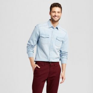 Men's Long Sleeve Denim Shirt - Goodfellow & Co Silver Wash XXL