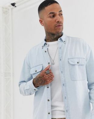 ASOS DESIGN oversized denim shirt with double pockets in light wash | ASOS