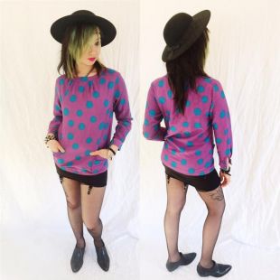 Vintage 60 s 70 s violet à pois chemisier op art psychédélique polkadot bleu empoché manches longues chemise avant garde punk new wave womens petite