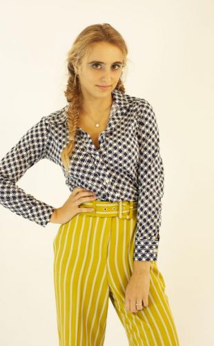 Vintage 70 ' s bleu marine imprimé géométrique rayé blanc à col chemise à manches longues Blouse Top taille 6