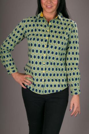 Womens 100% coton manches longues Slim Fit chemise bleu jaune imprimé géométrique