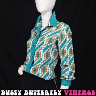 Chemisier Disco des années 70 M 8 10, imprimé géométrique, chemise turquoise, manches longues, moutarde, large col, bouton vers le bas de la chemise, Top rétro, Mod