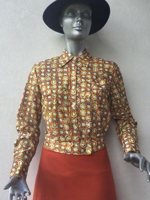 Chemisier Blouson Authentique Vintage des années 60/70s - Psychédélique Op Art Pop Art Géométrique Orange Purple Sixties Seventies -Sz XS/S.