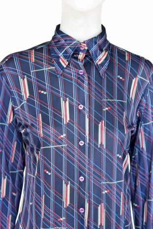 Vintage Mid Century chemisier imprimé bleu marine bouton chemise à col acétate Nylon Union fait