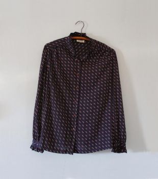 CLEARANCE Vintage Geometric Print Button Down Blouse Top Navy Red White M/L