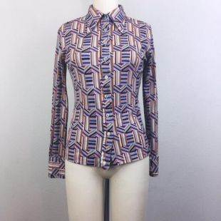 Vintage des années 70 HUK-A-POO nouveauté chemise imprimé rayures géométriques des années 1970 chemise Disco détresse S