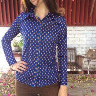 Vintage des années 70 à manches longues géométrique Blouse bouton bleu en haut
