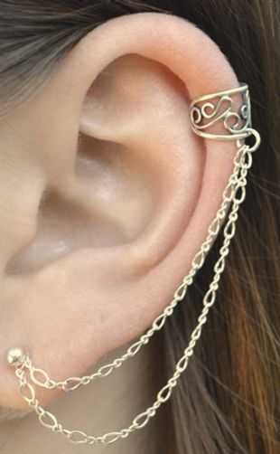 Manchette d’oreille en filigrane à double chaîne à la poste--argent sterling--14k or vermeil--simple ou paire