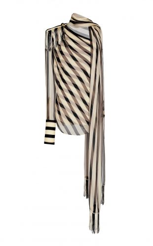 One Shoulder Scarf Detailed Striped Silk Blouse