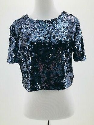 Navy Blue Sequin Short Sleeve Crop Top