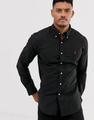 Polo Ralph Lauren - Chemise cintrée en popeline à logo joueur de polo avec col boutonné - Noir | ASOS
