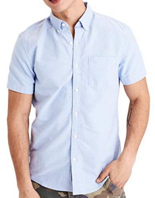 American Eagle Outfitters Mens Short Sleeve Oxford Button-Down Shirt Light Blue