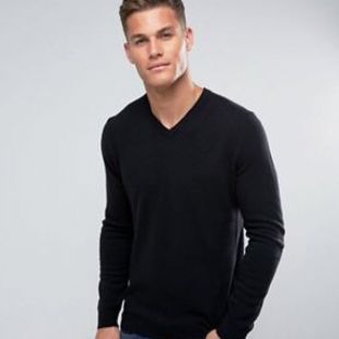 Men’s Black V-Neck Merino Wool Sweater
