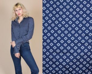 70 s diamond chemise Disco - grand | Nef Vintage blanc bouton en haut à col bleu