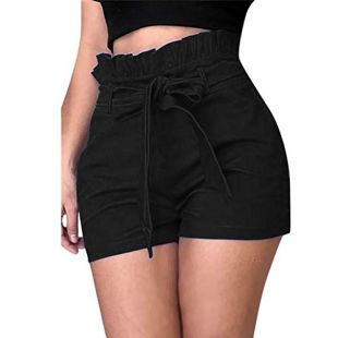 Women Shorts, Summer Elastic High Waist Self Tie Plus Size Sport Casual Shorts Pants with Pockets Belt