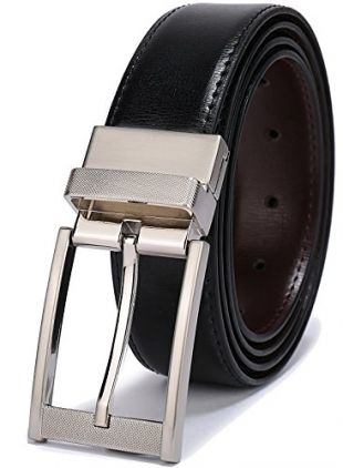 Belts for Men Reversible Leather 1.25" Waist Strap Fashion Dress Buckle Beltox(32-34,Silver-brushed Buckle Black/Brown)