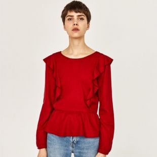 Red Blouse Top with Ruffle Detail