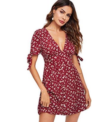 Romwe Women's Deep V Neck Tie Cuff Floral Print A-Line Short Dress - Red - Medium