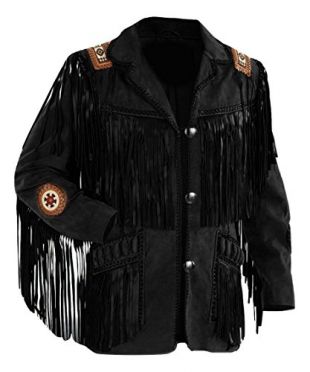 LEATHERAY Men's Fashion Western Fringed & Beaded Jacket Suede Leather Black 4XL
