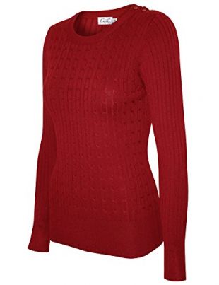 Cielo Women's Basic Solid Stretch Cable Knit Pullover Sweater -  Red - 