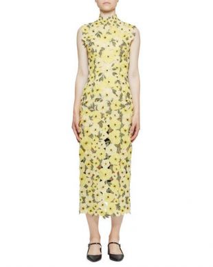 Floral Embroidered Organza Mock Neck Midi Dress