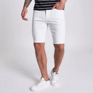 Short Homme River Island Blanc Déchiré Skinny - Taille W28 L32, Denim - Neuf Avec étiquettes