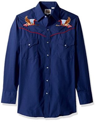 ELY CATTLEMAN Men's Long Sleeve Solid with Eagle Embroidery and Piping, Navy, Large