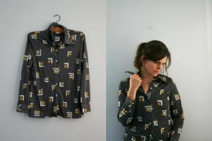Vintage des années 70 géométrique matricielle à pois imprimé Polyester Mesdames Blouse M L