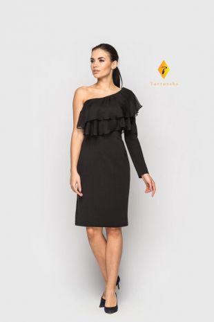 Une épaule Little Black Dress, asymétrique Cocktail robe crayon avec des volants en mousseline de soie, la midi LBD de demoiselle d’honneur manches longues avec fente TAVROVSKA