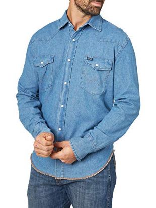 Wrangler Men's Cowboy Cut Work Western Long Sleeve Shirt, Khaki, Blue, Large