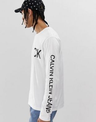 Calvin Klein Jeans front and back logo long sleeve t-shirt in white | ASOS