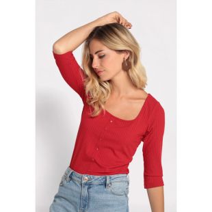 Cache Cache - T-shirt manches 3/4 côtelé rouge femme | Cache Cache