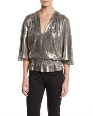 Tonya Metallic Peplum Short-Sleeve Top in Silver