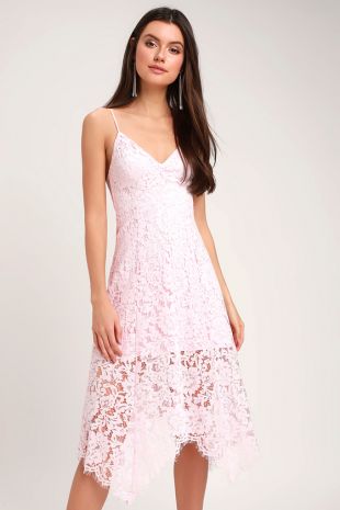 ONE WISH LIGHT BLUSH PINK LACE MIDI DRESS
