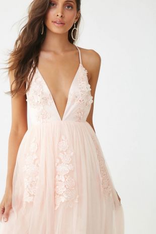 Floral-Embroidered Plunging Tulle Gown