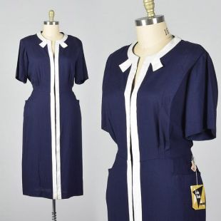 3XL des années 1950 robe Neuve d’époque marine jour robe rayonne garniture blanche jour usure Zip devant poches Plus taille Volup des années 50 Vintage